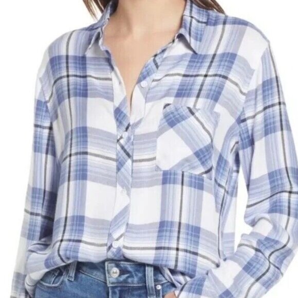 Women's RAILS Hunter Flannel Button-Up Plaid in "White Robin Navy" | Size M - Picture 2 of 10
